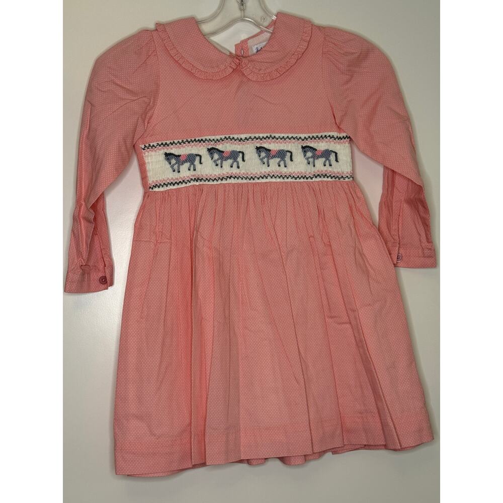 Rachel Riley Vintage Horse Smocked Peter Pan collar dress pink 6Y Girls
